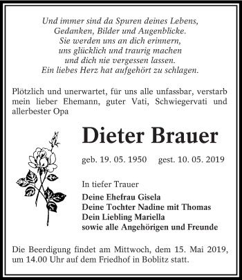Traueranzeige von Dieter Brauer von lausitzer_rundschau