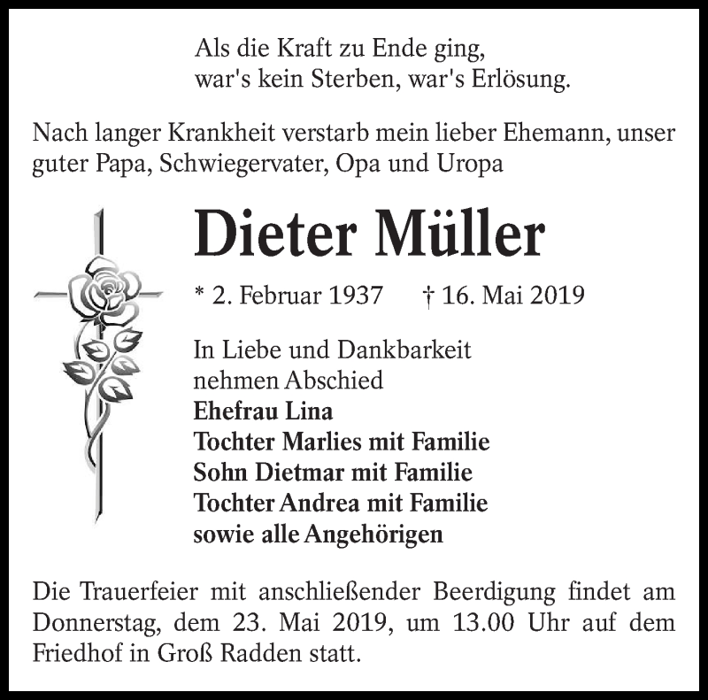  Traueranzeige für Dieter Müller vom 21.05.2019 aus lausitzer_rundschau