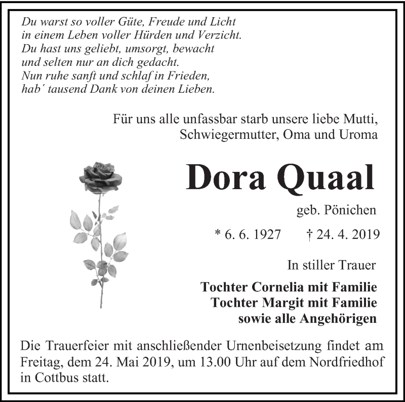  Traueranzeige für Dora Quaal vom 03.05.2019 aus lausitzer_rundschau