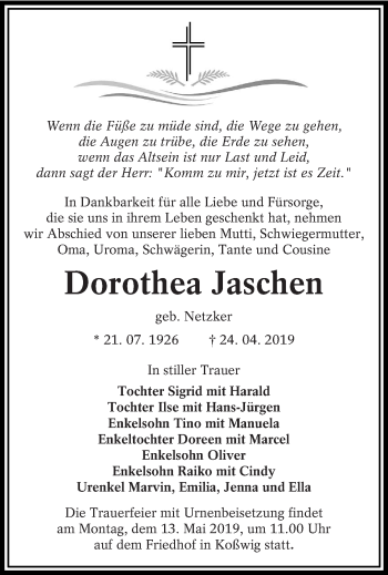 Traueranzeige von Dorothea Jaschen von lausitzer_rundschau