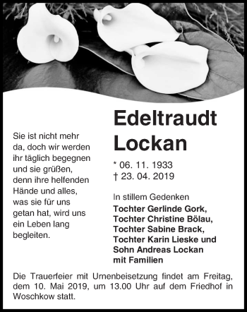 Traueranzeige von Edeltraudt Lockan von lausitzer_rundschau