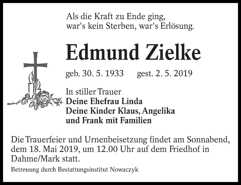  Traueranzeige für Edmund Zielke vom 08.05.2019 aus lausitzer_rundschau