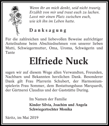 Traueranzeige von Elfriede Nuck von lausitzer_rundschau