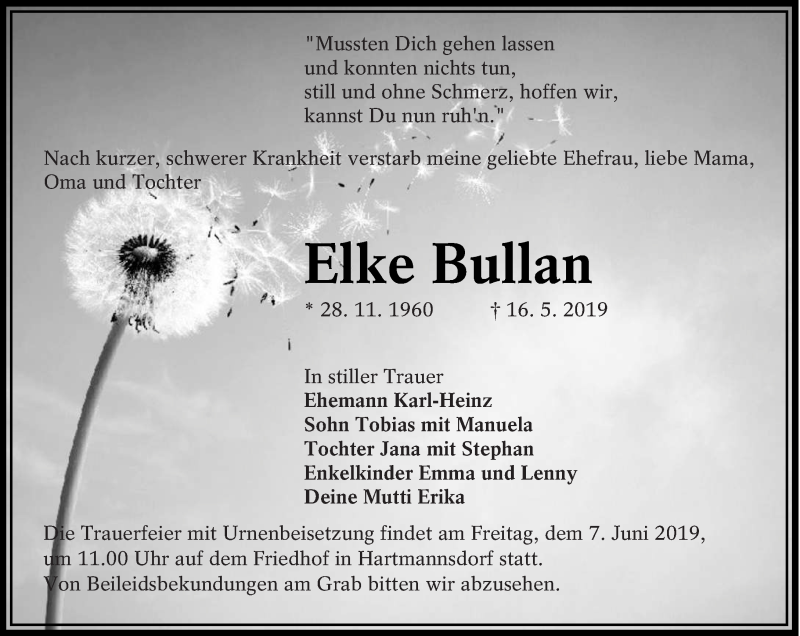  Traueranzeige für Elke Bullan vom 25.05.2019 aus lausitzer_rundschau