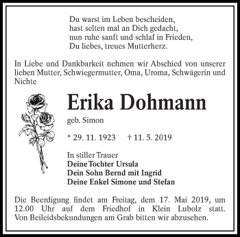 Traueranzeige von Erika Dohmann von lausitzer_rundschau