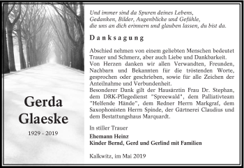 Traueranzeige von Gerda Glaeske von lausitzer_rundschau