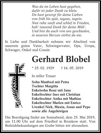 Traueranzeige von Gerhard Blobel von lausitzer_rundschau