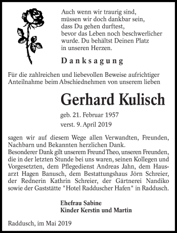 Traueranzeige von Gerhard Kulisch von lausitzer_rundschau