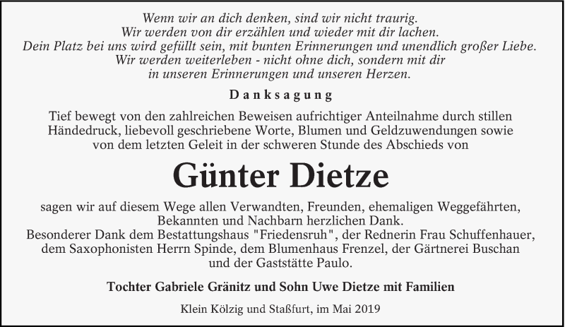  Traueranzeige für Günter Dietze vom 25.05.2019 aus lausitzer_rundschau