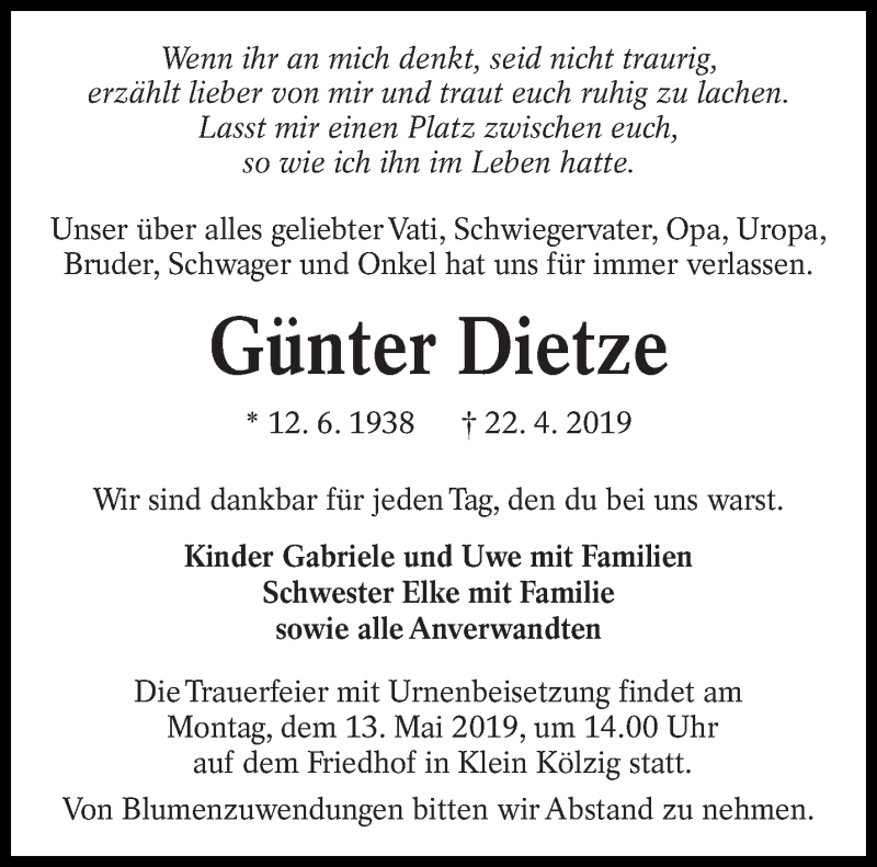  Traueranzeige für Günter Dietze vom 04.05.2019 aus lausitzer_rundschau