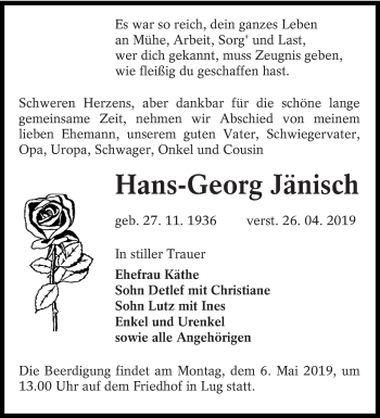 Traueranzeige von Hans-Georg Jänisch von lausitzer_rundschau