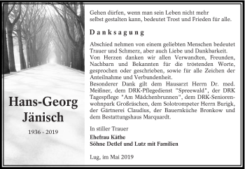 Traueranzeige von Hans-Georg Jänisch von lausitzer_rundschau