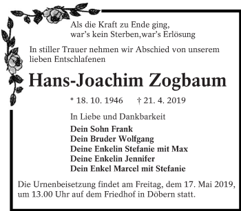 Traueranzeige von Hans-Joachim Zogbaum von lausitzer_rundschau