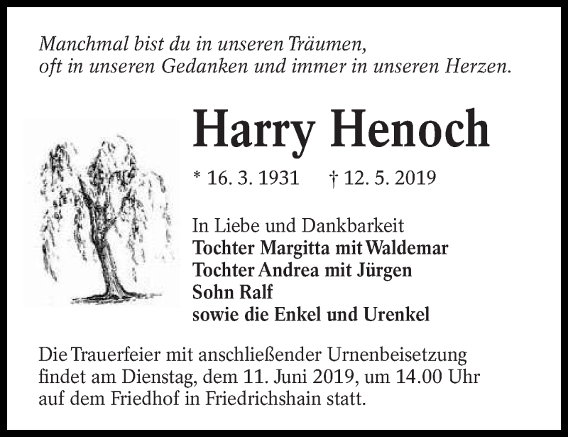  Traueranzeige für Harry Henoch vom 25.05.2019 aus lausitzer_rundschau