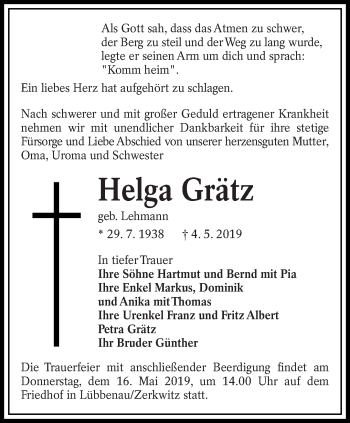 Traueranzeige von Helga Grätz von lausitzer_rundschau