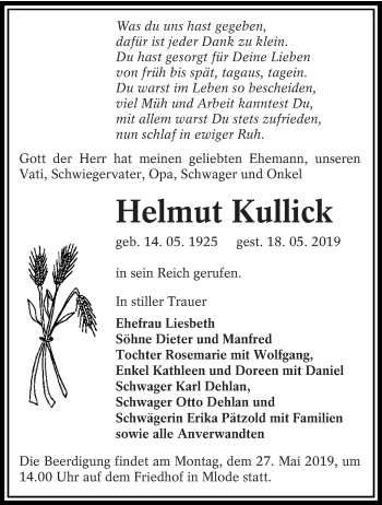 Traueranzeige von Helmut Kullick von lausitzer_rundschau