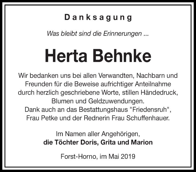  Traueranzeige für Herta Behnke vom 04.05.2019 aus lausitzer_rundschau