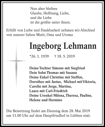 Traueranzeige von Ingeborg Lehmann von lausitzer_rundschau