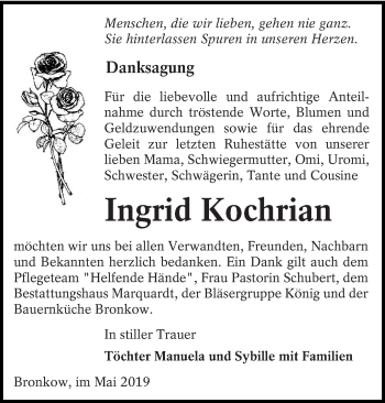 Traueranzeige von Ingrid Kochrian von lausitzer_rundschau