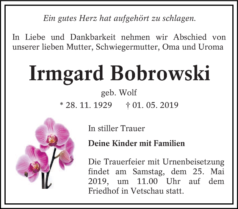 Traueranzeige für Irmgard Bobrowski vom 11.05.2019 aus lausitzer_rundschau