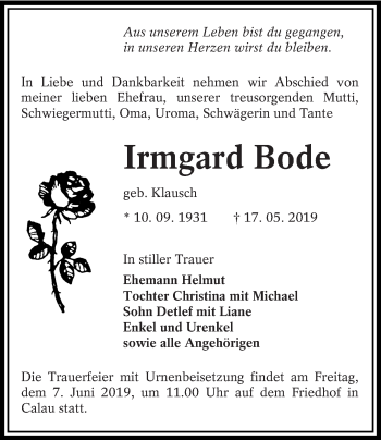 Traueranzeige von Irmgard Bode von lausitzer_rundschau