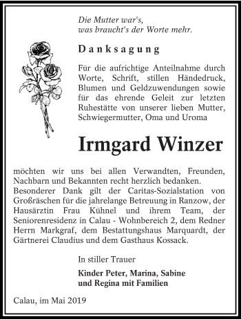 Traueranzeige von Irmgard Winzer von lausitzer_rundschau