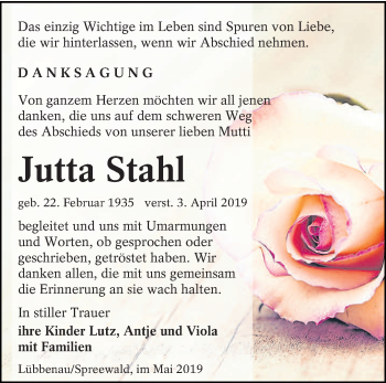 Traueranzeige von Jutta Stahl von lausitzer_rundschau