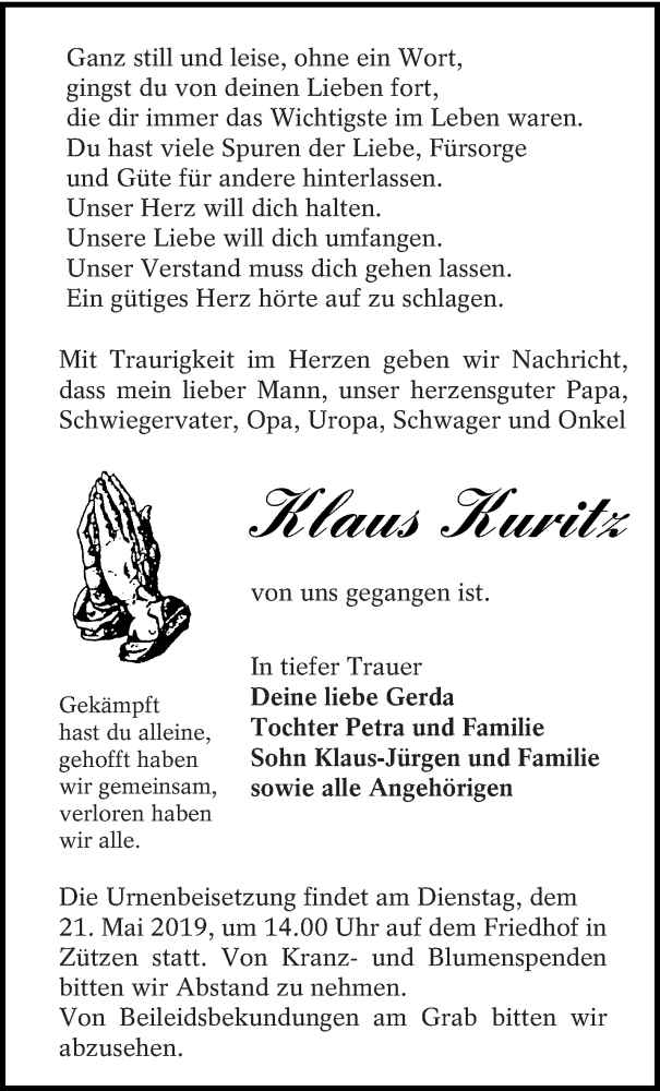  Traueranzeige für Klaus Kuritz vom 11.05.2019 aus lausitzer_rundschau