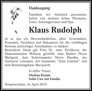 Traueranzeige von Klaus Rudolph von lausitzer_rundschau