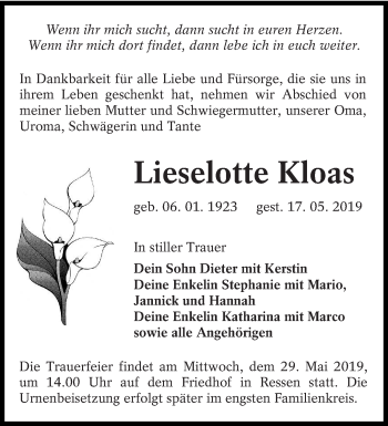 Traueranzeige von Lieselotte Kloas von lausitzer_rundschau