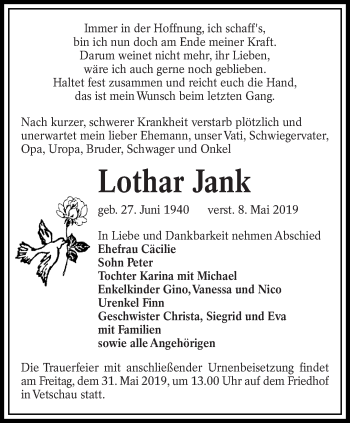 Traueranzeige von Lothar Jank von lausitzer_rundschau