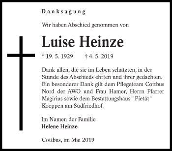 Traueranzeige von Luise Heinze von lausitzer_rundschau