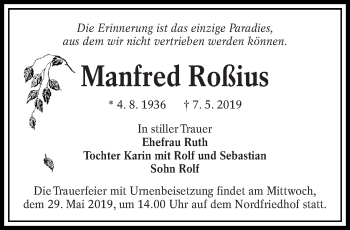 Traueranzeige von Manfred Roßius von lausitzer_rundschau