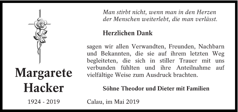  Traueranzeige für Margarete Hacker vom 04.05.2019 aus lausitzer_rundschau