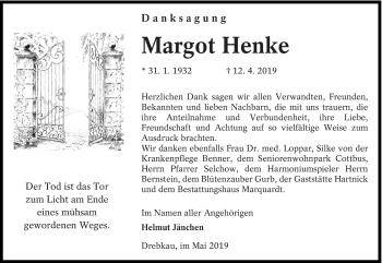 Traueranzeige von Margot Henke von lausitzer_rundschau