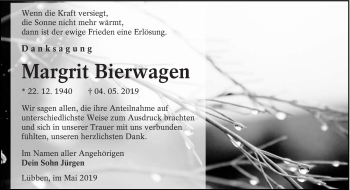 Traueranzeige von Margrit Bierwagen von lausitzer_rundschau