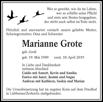 Traueranzeige von Marianne Grote von lausitzer_rundschau