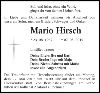 Traueranzeige von Mario Hirsch von lausitzer_rundschau