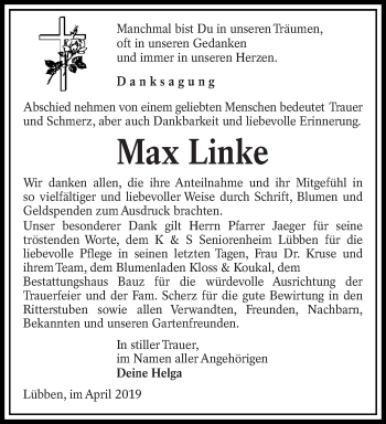 Traueranzeige von Max Linke von lausitzer_rundschau