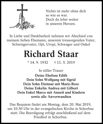 Traueranzeige von Richard Staar von lausitzer_rundschau