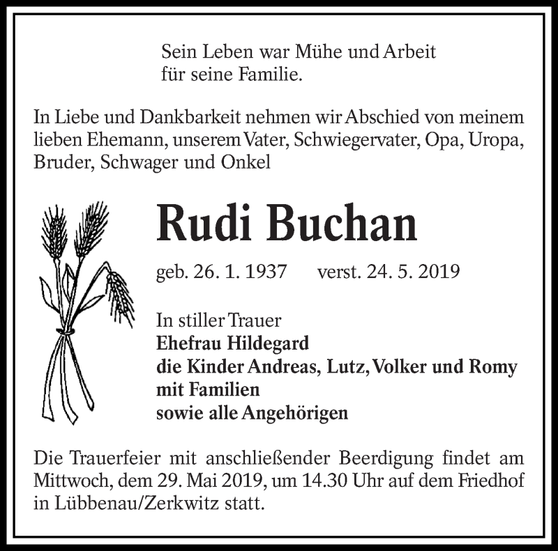  Traueranzeige für Rudi Buchan vom 28.05.2019 aus lausitzer_rundschau