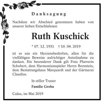 Traueranzeige von Ruth Kuschick von lausitzer_rundschau