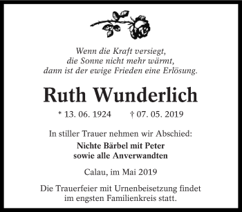 Traueranzeige von Ruth Wunderlich von lausitzer_rundschau