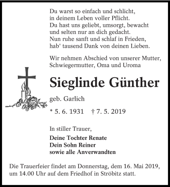 Traueranzeige von Sieglinde Günther von lausitzer_rundschau