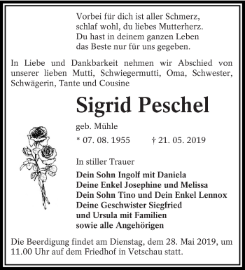 Traueranzeige von Sigrid Peschel von lausitzer_rundschau