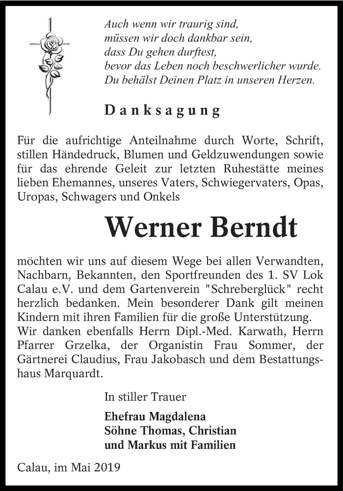  Traueranzeige für Werner Berndt vom 18.05.2019 aus lausitzer_rundschau