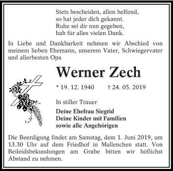 Traueranzeige von Werner Zech von lausitzer_rundschau