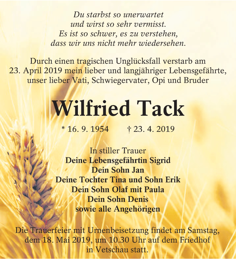  Traueranzeige für Wilfried Tack vom 11.05.2019 aus lausitzer_rundschau