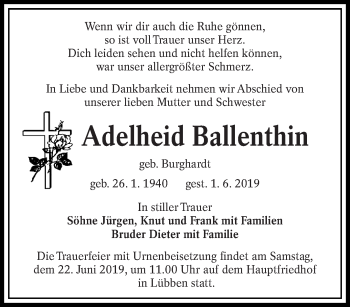Traueranzeige von Adelheid Ballenthin von lausitzer_rundschau