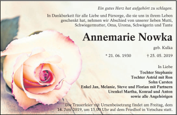 Traueranzeige von Annemarie Nowka von lausitzer_rundschau